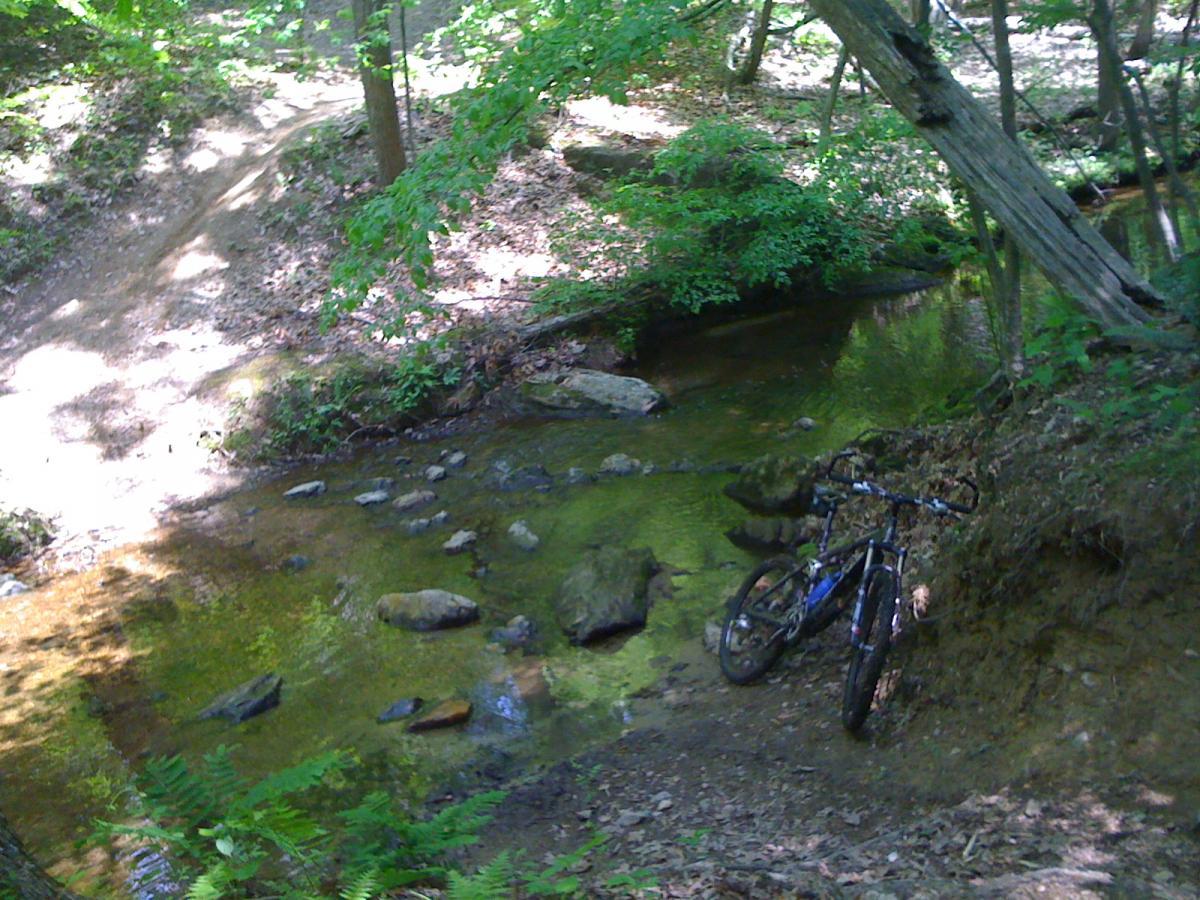 A mountain bike resting near a clear, shallow creek surrounded by lush green foliage, with a dirt path winding through the wooded area in the background. Sunlight dapples the scene, highlighting the smooth stones in the water and the earthy tones of the forest floor. Fairland Recreational Park mountain bike trail.