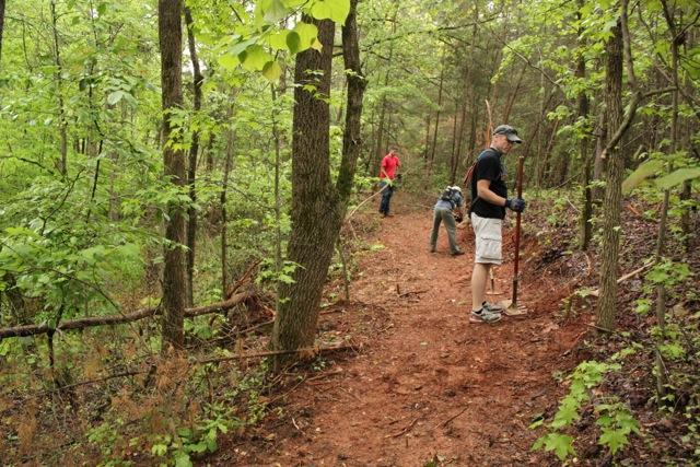 A group of three people hiking on a dirt trail surrounded by lush green trees and vegetation. One person wears a red jacket, while the others are dressed in outdoor gear and carry hiking sticks. The scene conveys a sense of adventure and appreciation for nature. Paynes Creek mountain bike trail.