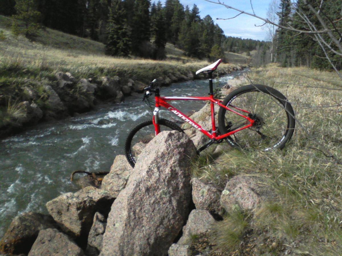 A red mountain bike leaning against a rock beside a flowing river, surrounded by grassy areas and trees in the background. Rampart Reservoir mountain bike trail.