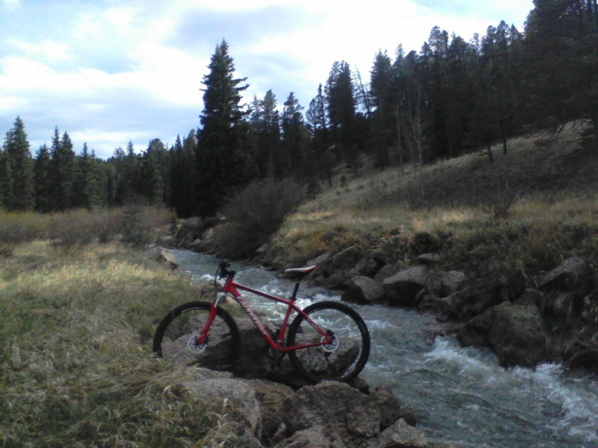 A red mountain bike leaning against a rock near a flowing stream, surrounded by tall pine trees and grassy areas under a partly cloudy sky. Rampart Reservoir mountain bike trail.