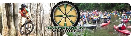 A collage featuring two outdoor adventure activities: on the left, a mountain biker navigating through trees, and on the right, a group of people kayaking on a river. In the center, there is a logo of "Rollrock Outfitters." The design conveys a sense of adventure and connection to nature.
