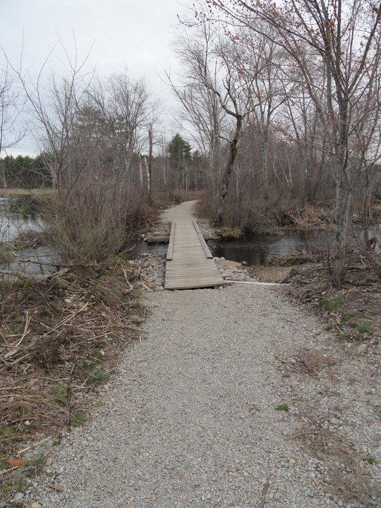A gravel path leading to a wooden footbridge over a small body of water, surrounded by bare trees and sparse vegetation, under an overcast sky. Greenbriar Hodges Village Dam mountain bike trail.