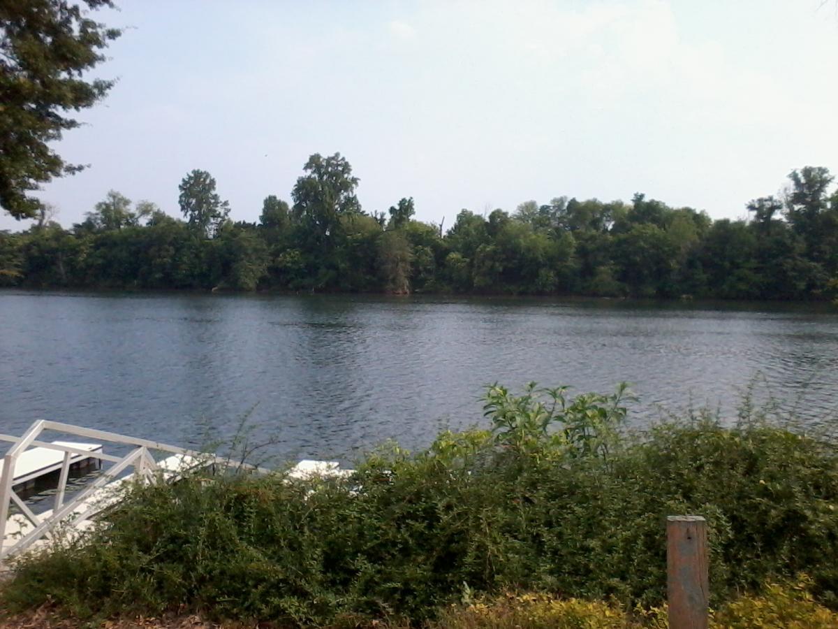 A serene view of a calm river surrounded by lush green trees, with a small wooden dock visible in the foreground. The sky is mostly clear, suggesting a peaceful outdoor setting. North Augusta Greeneway mountain bike trail.