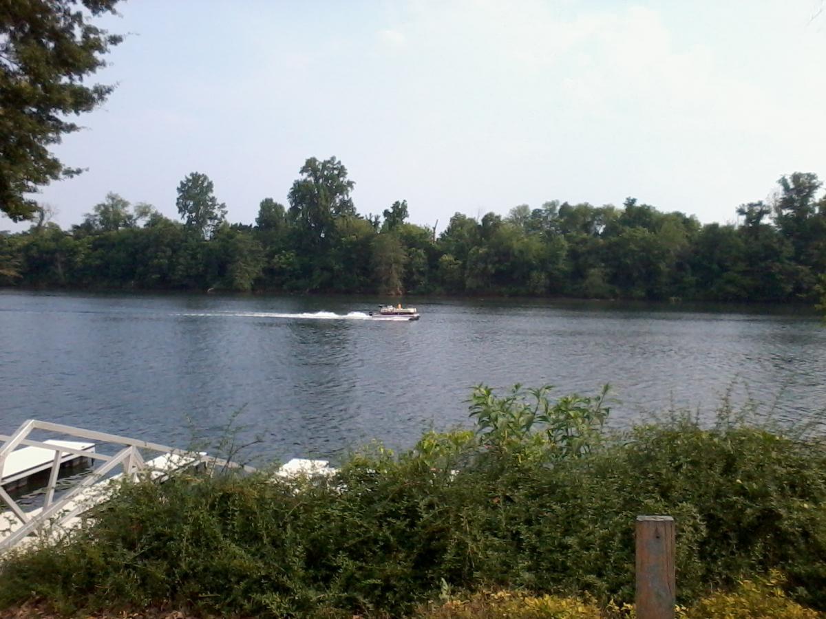 A scenic view of a calm river with a small motorboat speeding across the water. Lush green trees line the opposite bank, while the foreground features some shrubs and a portion of a wooden dock. The sky is partly cloudy, suggesting a pleasant day for outdoor activities. North Augusta Greeneway mountain bike trail.