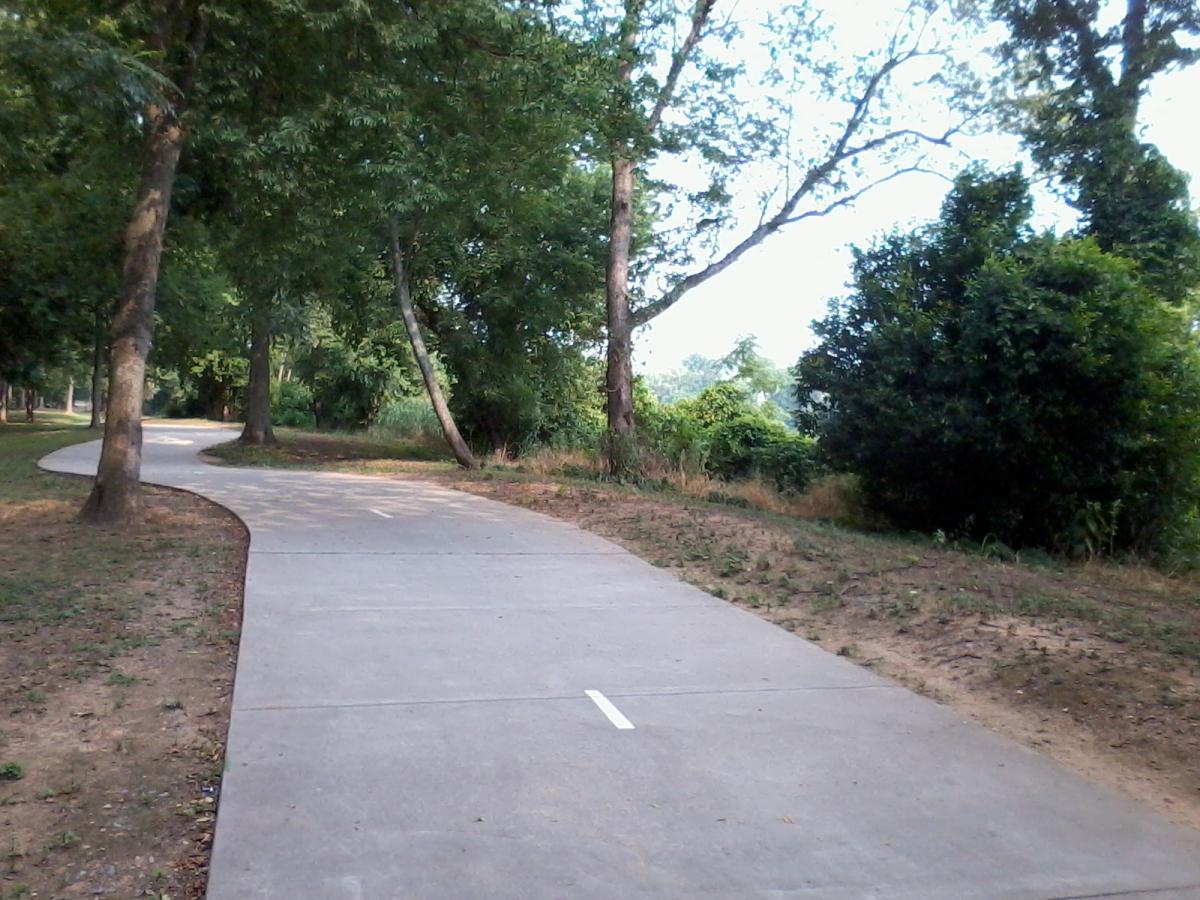 A winding concrete path through a lush green park, lined with trees on either side, providing a serene environment for walking or biking. The path features a white line down the center, indicating designated lanes. North Augusta Greeneway mountain bike trail.