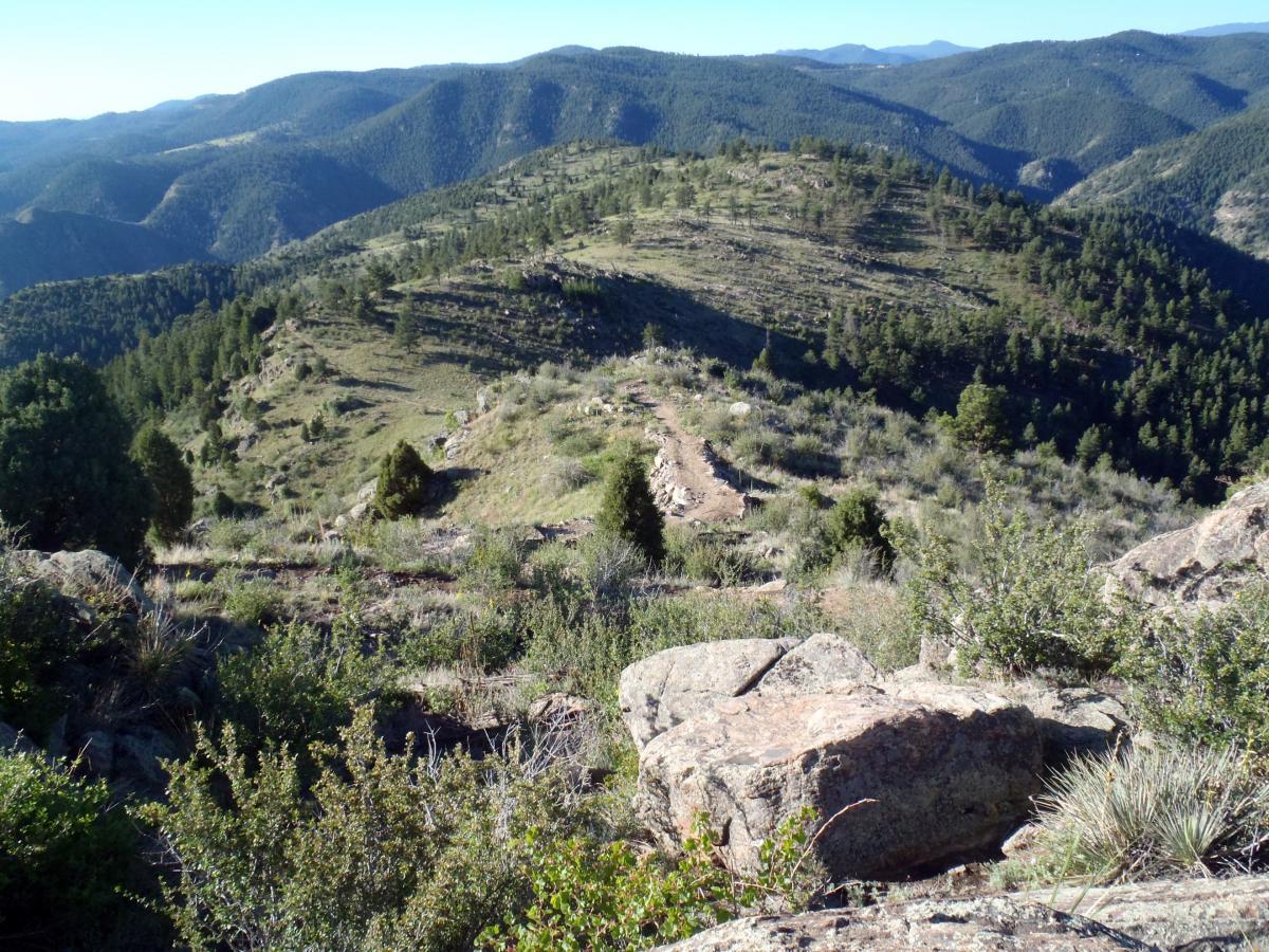 A scenic view of a mountainous landscape featuring rolling hills covered in green trees and shrubs. The foreground includes rocky outcrops, and the background showcases a range of mountains under a clear blue sky. The image conveys a sense of natural beauty and serenity in an outdoor environment. Centennial Cone Park mountain bike trail.