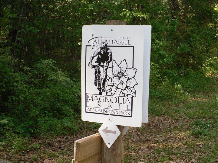 Sign for the Magnolia Trail at Tom Brown Park in Tallahassee, featuring an illustration of a cyclist and a magnolia flower, with a directional arrow pointing left. The sign is set against a lush, green forest background. Tom Brown / Lafayette Heritage Park mountain bike trail.