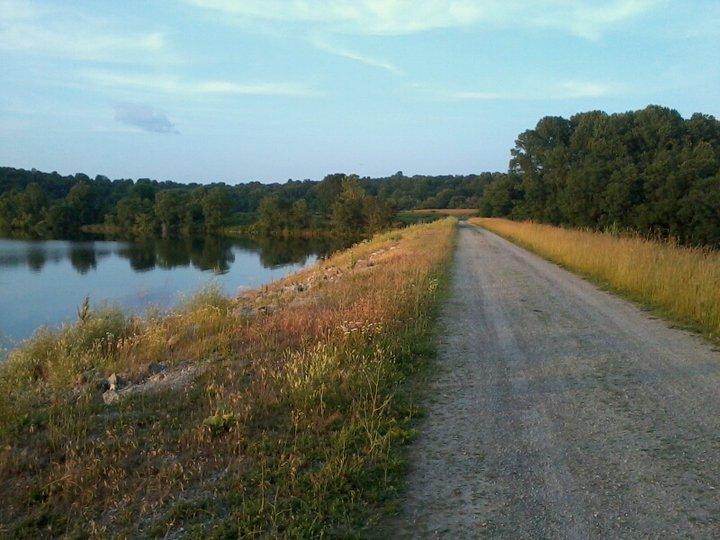 A scenic view of a dirt path alongside a calm body of water, bordered by lush green trees and grassy areas. The sky is clear with a few clouds, creating a peaceful outdoor atmosphere. Marsh Creek Park mountain bike trail.