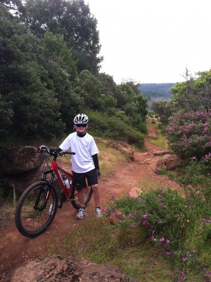A child stands next to a red mountain bike on a dirt trail surrounded by greenery and blooming wildflowers. The child is wearing a white t-shirt, shorts, and a helmet, with a scenic, wooded landscape in the background. Annadel State Park mountain bike trail.