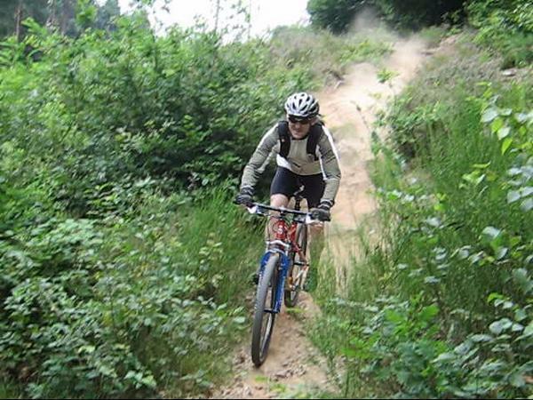 A mountain biker navigates a dirt trail surrounded by greenery, wearing a helmet and protective gear. The bike kicks up dust as it moves along the uneven terrain. Otterbach To Erfenbach To Otterbach mountain bike trail.