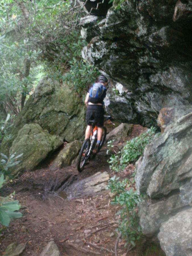 A person riding a mountain bike along a narrow trail surrounded by rocks and dense greenery, navigating a challenging terrain with a rocky overhang above. Laurel Mountain mountain bike trail.