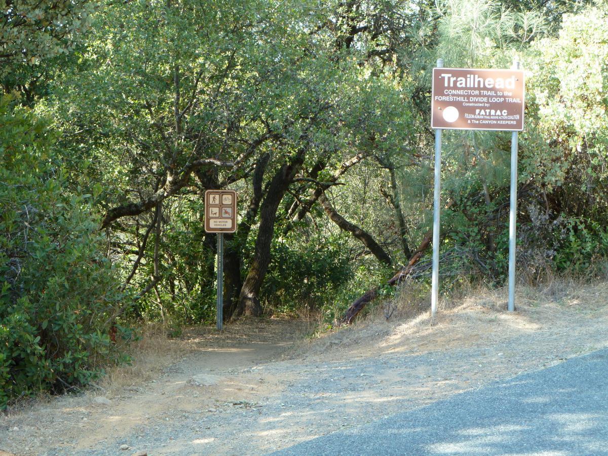 A dirt path leading into a wooded area, marked by two signs: one indicating a trailhead for the Foresthill Divide Loop Trail, and another with symbols indicating regulations for hiking, biking, and pet access. Surrounding greenery enhances the natural setting. Clementine / Forresthill Connector Trail mountain bike trail.
