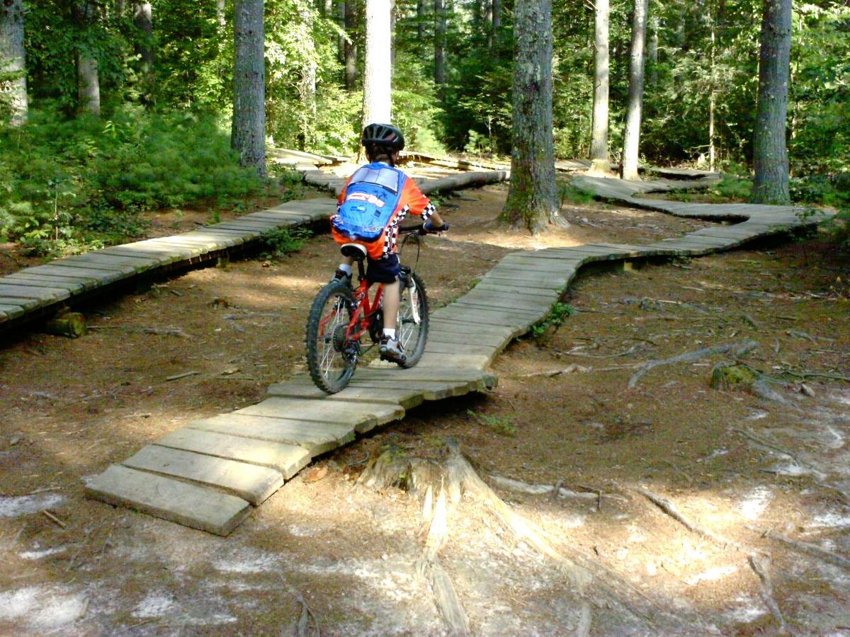 A child riding a bicycle along a winding wooden boardwalk through a forested area, surrounded by trees and greenery. The child is wearing protective gear and carrying a backpack. DuPont State Recreational Forest mountain bike trail.