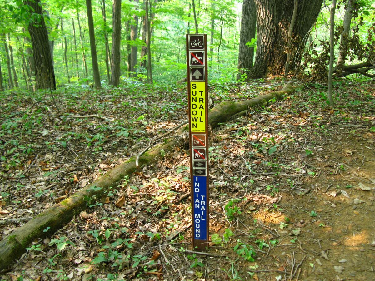 Trail signpost in a wooded area, featuring direction and activity symbols for the Sundown Trail and Indian Mound Trail. The sign indicates bike restrictions and hiking directions amidst green foliage and a forest floor with leaves and small plants. Strouds Run State Park mountain bike trail.