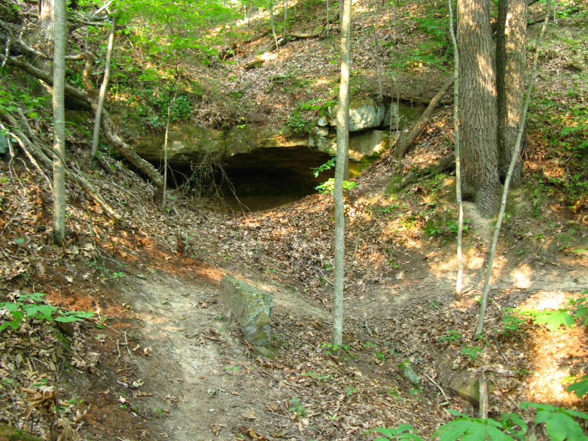 A forested area featuring a natural rock overhang, surrounded by trees and scattered leaves. A narrow dirt path leads towards the opening, inviting exploration into the cave-like space beneath the rocks. Strouds Run State Park mountain bike trail.