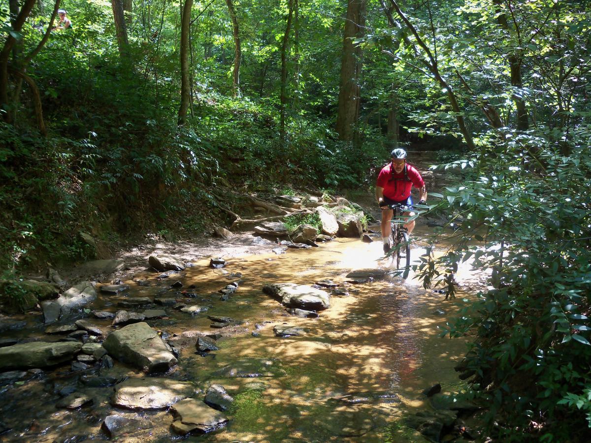 A mountain biker riding through a shallow stream in a lush green forest. The path is rocky, with sunlight filtering through the trees, creating a serene outdoor setting. Chicopee Woods mountain bike trail.