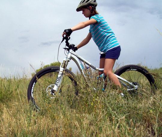 A child wearing a helmet and a striped shirt is riding a mountain bike through a grassy area. The sky is overcast, indicating a possible change in weather. The bike is positioned on uneven terrain, with tall grass surrounding it. Green Mountain mountain bike trail.