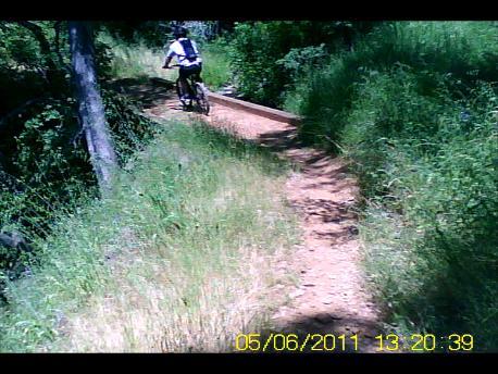 A person riding a mountain bike on a dirt trail surrounded by greenery, with trees on one side and tall grass on either side of the path. The image captures a sunny day, showcasing a vibrant outdoor setting. Glory Hole mountain bike trail.