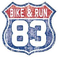 Alt text: Logo design featuring a shield shape with the text "BIKE & RUN" in red and "83" in white, all set against a distressed blue background.