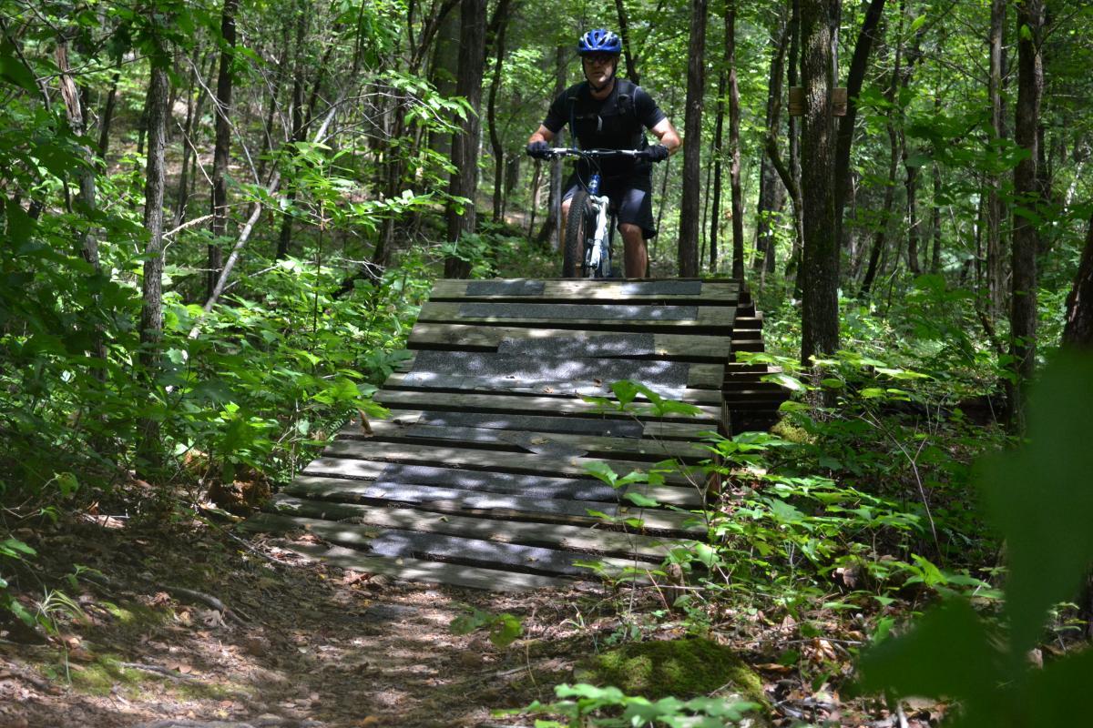 A person riding a mountain bike is descending a wooden ramp through a forested area, surrounded by lush green leaves and trees. The rider is wearing a helmet and gloves, showcasing an outdoor biking trail. Montgomery Bell State Park Mtb Trail mountain bike trail.