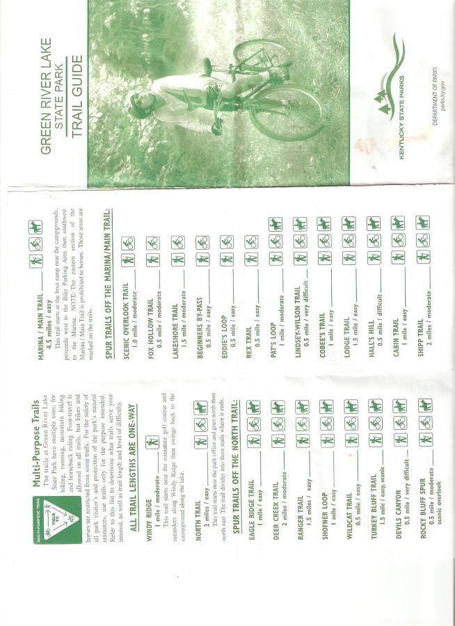 Alt text: A green and white trail guide for Green River Lake State Park, featuring a photo of a person standing next to a bicycle. The guide includes a list of multi-purpose trails with difficulty ratings and symbols for various activities such as hiking, biking, and horseback riding. Green River mountain bike trail.