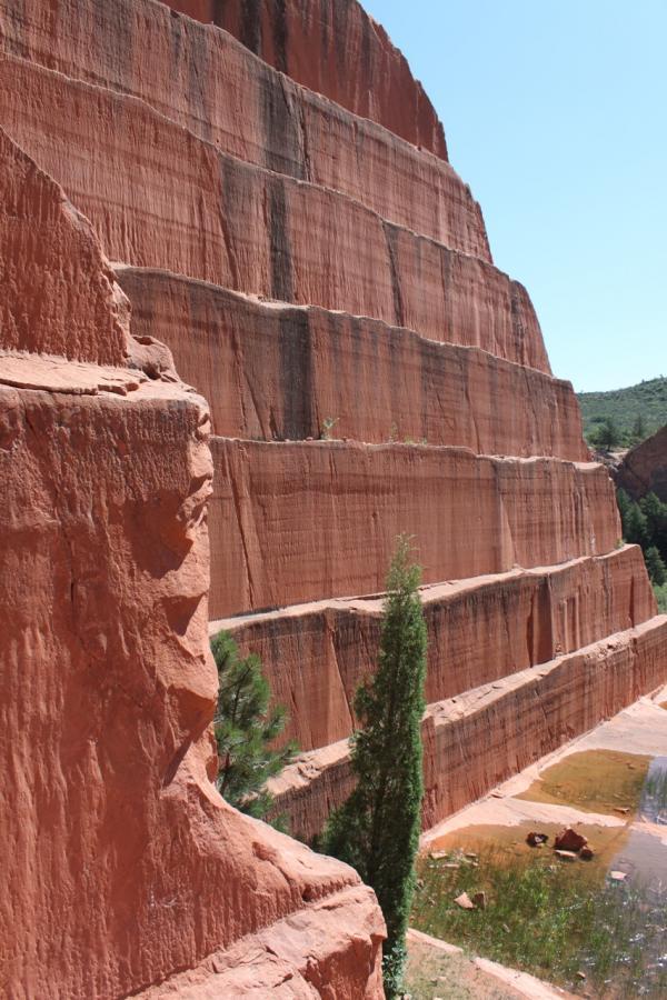A vertical rock formation with layered, reddish-brown cliffs and a small green tree in the foreground. The scene is illuminated by bright sunlight, highlighting the texture of the rock and the clear blue sky above. A small body of water is visible at the base of the formation. Red Rock Canyon mountain bike trail.