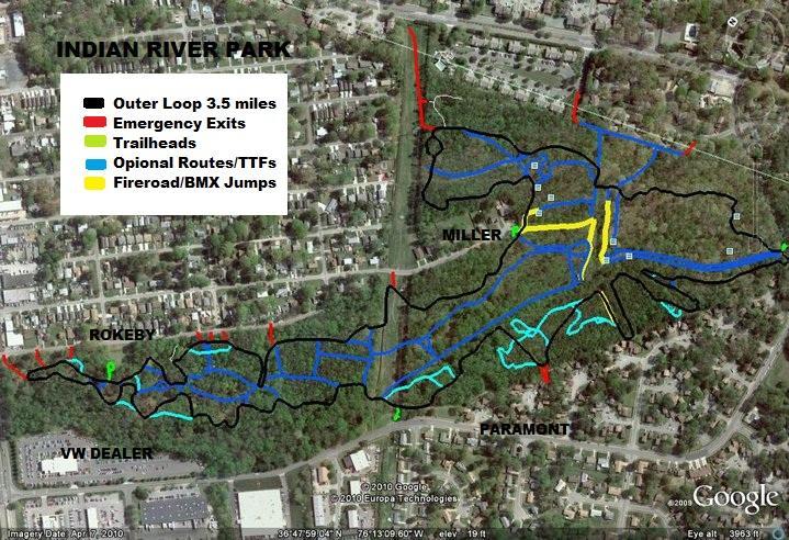 Map of Indian River Park showing trails and features. The outer loop is marked in blue and spans 3.5 miles. Emergency exits and trailheads are indicated with red and yellow lines, respectively. Optional routes and technical trail features (TTFs) are noted in yellow, while fire road and BMX jumps are also outlined. The surrounding residential area is visible, providing context for the park’s location. Indian River Park mountain bike trail.