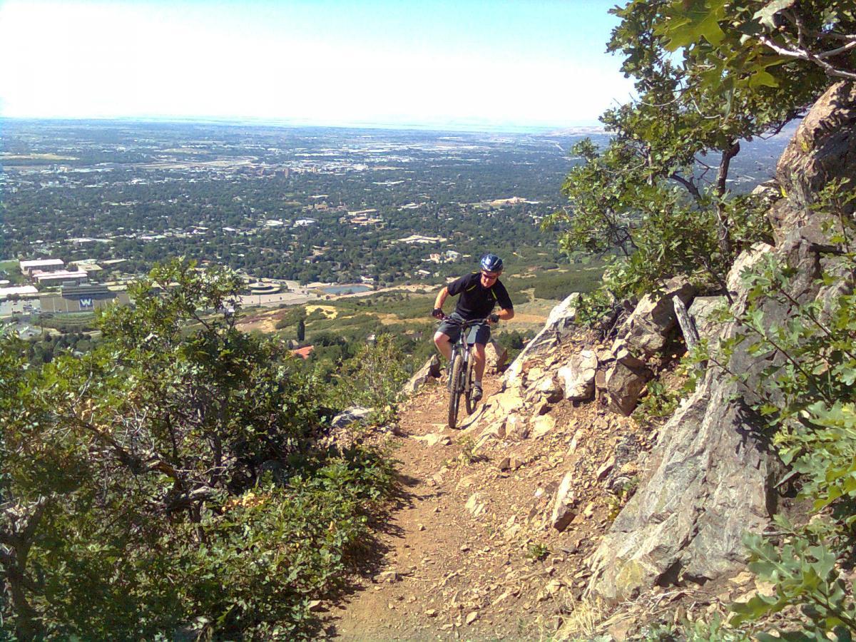 A mountain biker rides along a narrow, rocky trail on a hillside, with a panoramic view of a valley and city in the background. The scene is sunny, highlighting the greenery and rugged terrain surrounding the trail. Bonneville Shoreline Trail - Ogden Section mountain bike trail.