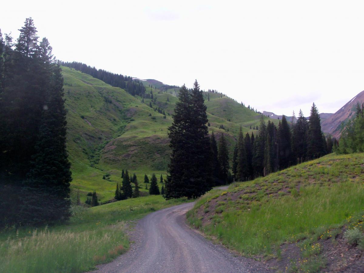 A winding gravel road meanders through lush green hills, flanked by tall evergreen trees. The scene is set under a cloudy sky, reflecting a serene and natural landscape, with distant mountains visible in the background. Slate River Road mountain bike trail.