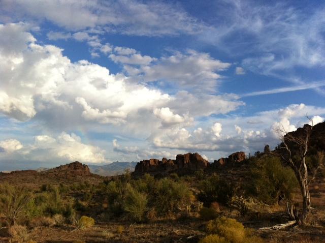 A scenic view of a desert landscape featuring rocky formations in the background, lush greenery in the foreground, and a bright blue sky adorned with white, fluffy clouds. Monolith Gardens mountain bike trail.