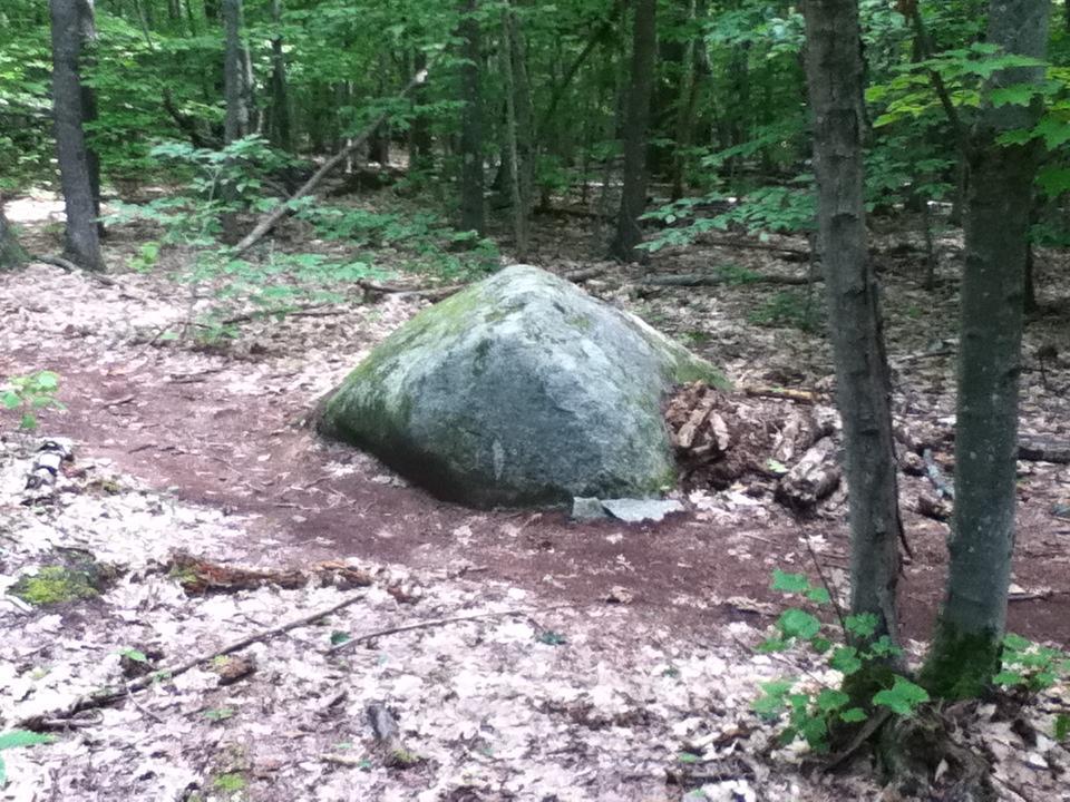 A large rock sits beside a dirt path in a dense green forest. Surrounding vegetation includes trees and scattered leaves on the ground, creating a natural woodland environment. Pine Ridge mountain bike trail.