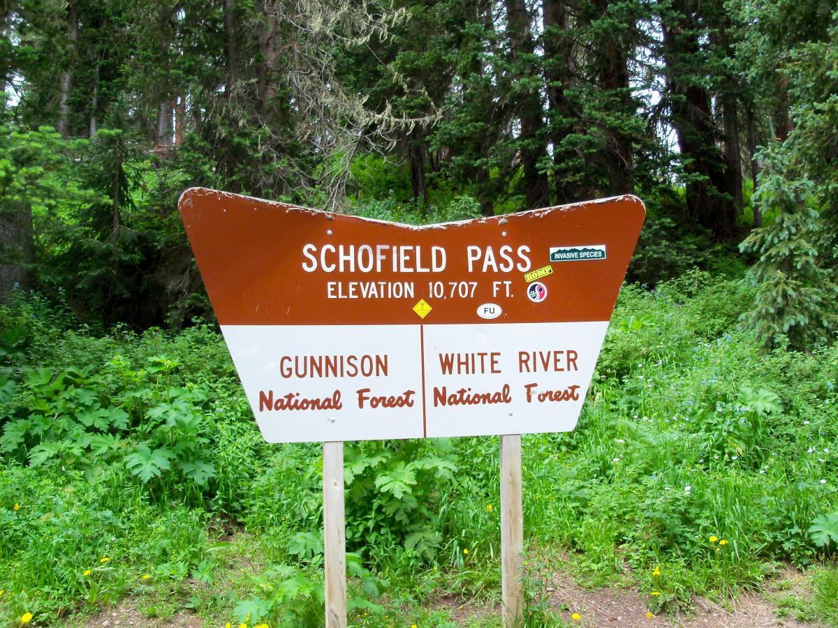 A weathered sign indicating Schofield Pass, with an elevation of 10,707 feet. The sign also mentions Gunnison National Forest and White River National Forest, surrounded by lush green vegetation and trees. Trail 401 mountain bike trail.
