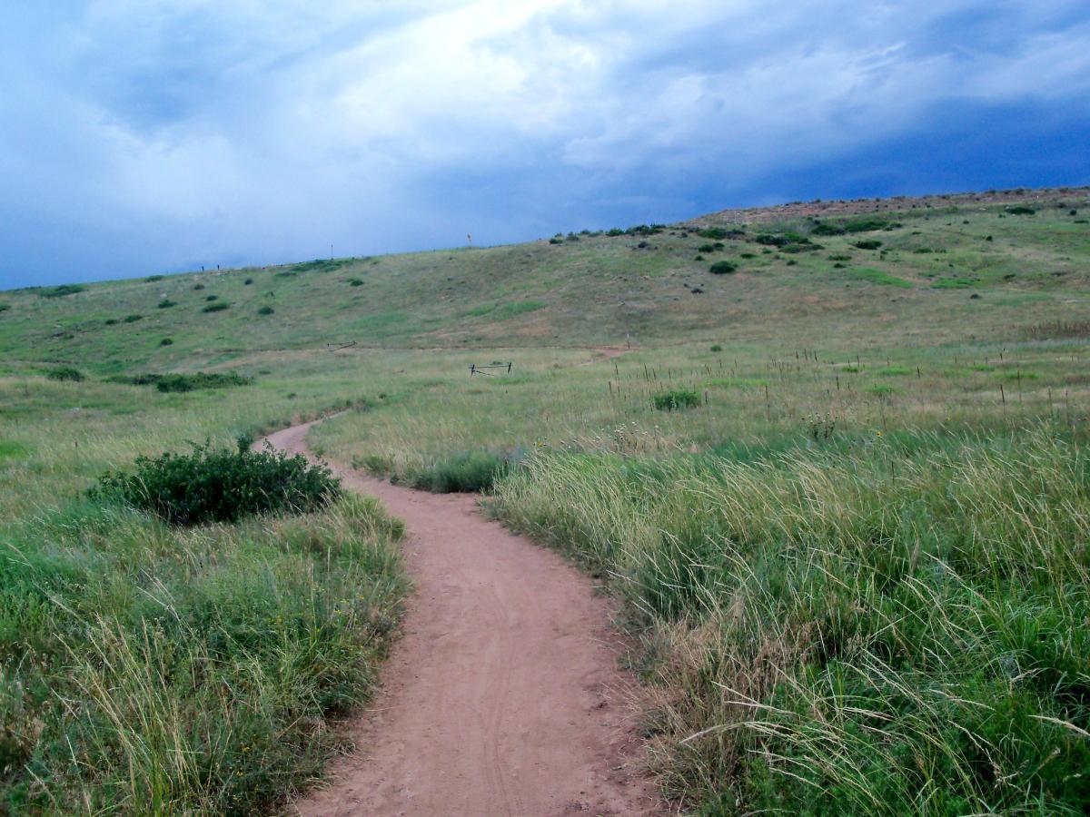 A winding dirt path meanders through a grassy landscape under a cloudy sky, leading towards distant hills. The scene captures the tranquility of nature, with patches of green grass and sparse vegetation lining the path. Foothills Trail mountain bike trail.