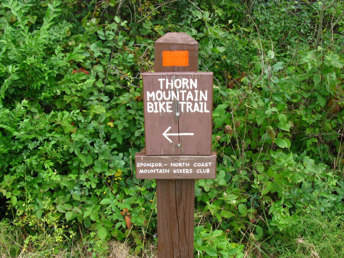 A wooden trail sign indicating "Thorn Mountain Bike Trail" with an arrow pointing left. The sign features an orange marker at the top and has a lower section that states it is sponsored by the North Coast Mountain Bikers Club. Surrounding the sign is dense green vegetation. Findley State Park mountain bike trail.