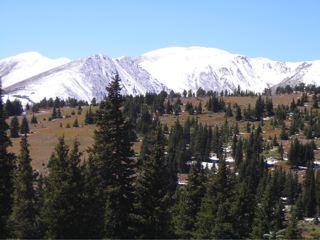 A scenic landscape featuring lush green pine trees in the foreground, with snow-capped mountains in the background under a clear blue sky. Colorado Trail: Kenosha Pass To Breckenridge mountain bike trail.