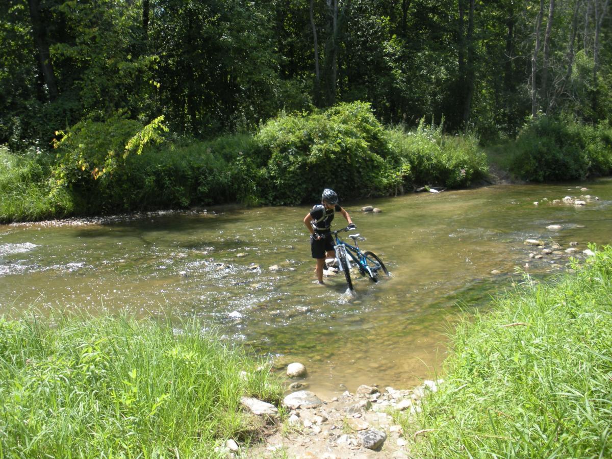 A person in a black helmet and athletic gear is walking through a shallow stream while pushing a blue mountain bike. Lush green grass and trees frame the scene, creating a serene natural setting. Sunlight reflects off the water, highlighting the pebbles beneath the surface. Ruby Trail (ruby Campground) mountain bike trail.