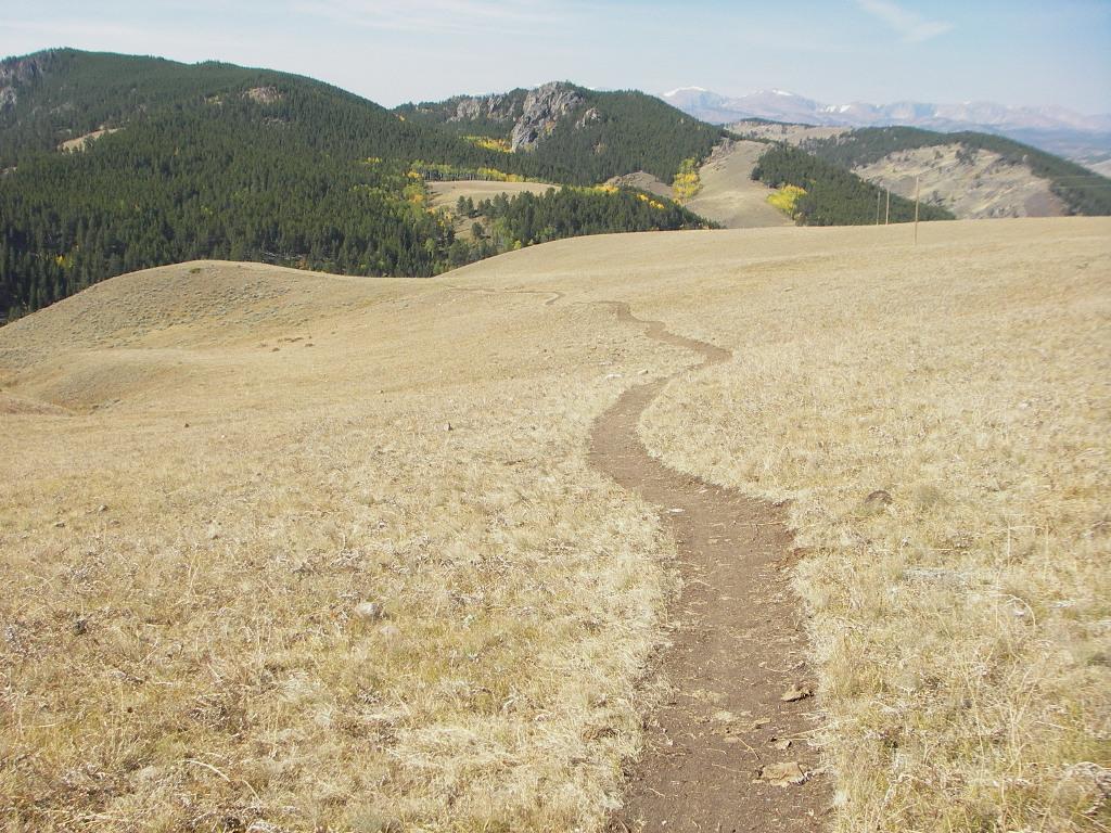 A winding dirt path leads through a dry, grassy landscape surrounded by rolling hills and pine trees, with distant mountains visible in the background under a clear blue sky. Clear Creek mountain bike trail.