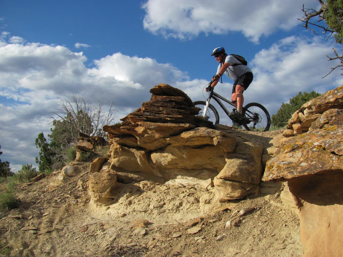 A mountain biker navigating a rocky trail surrounded by trees and blue sky with fluffy clouds. The biker is positioned on a large rock formation, showcasing the adventurous terrain. Palisade Rim mountain bike trail.