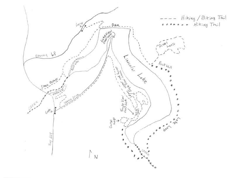 A hand-drawn map of Lincoln Lake and surrounding hiking and biking trails. The map includes labeled features such as the dam, various trails (some indicated as hiking, biking, or mixed use), and nearby roads and creeks. North is indicated at the bottom left corner. Lincoln Lake mountain bike trail.