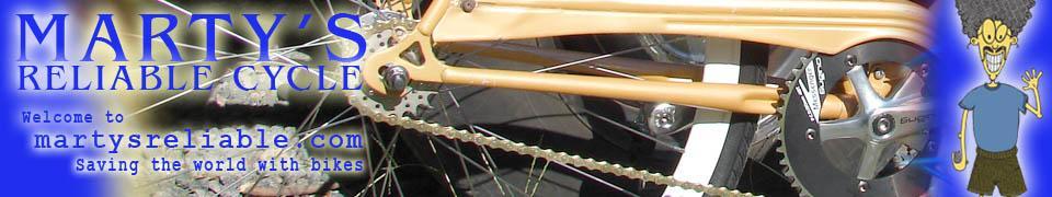 Image of a bicycle chain and gear with the text "Marty's Reliable Cycle" prominently displayed. The banner includes a playful cartoon character on the right side, waving and smiling, along with the tagline "Saving the world with bikes." The background features a gradient from blue to white.