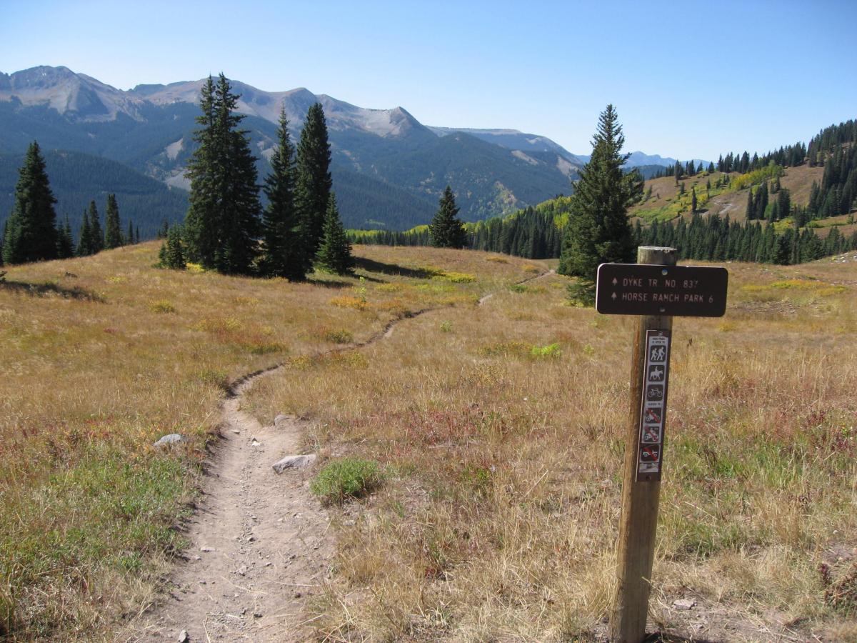 A scenic view of a grassy trail leading through a mountainous landscape, with evergreen trees in the foreground. A trail sign on a wooden post indicates "Dyke Trail No. 837" and "Horse Ranch Park," with symbols for hiking and biking. The backdrop features rugged mountain peaks under a clear blue sky. Dyke mountain bike trail.