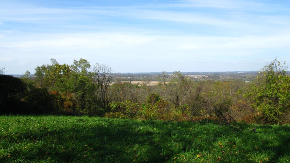 A panoramic view of a landscape featuring rolling hills and a lush green meadow in the foreground. The scene includes a variety of trees, some with autumn foliage, under a clear blue sky with wispy clouds. The background reveals expansive fields and distant hills, creating a serene and picturesque natural setting. Chestnut Ridge mountain bike trail.
