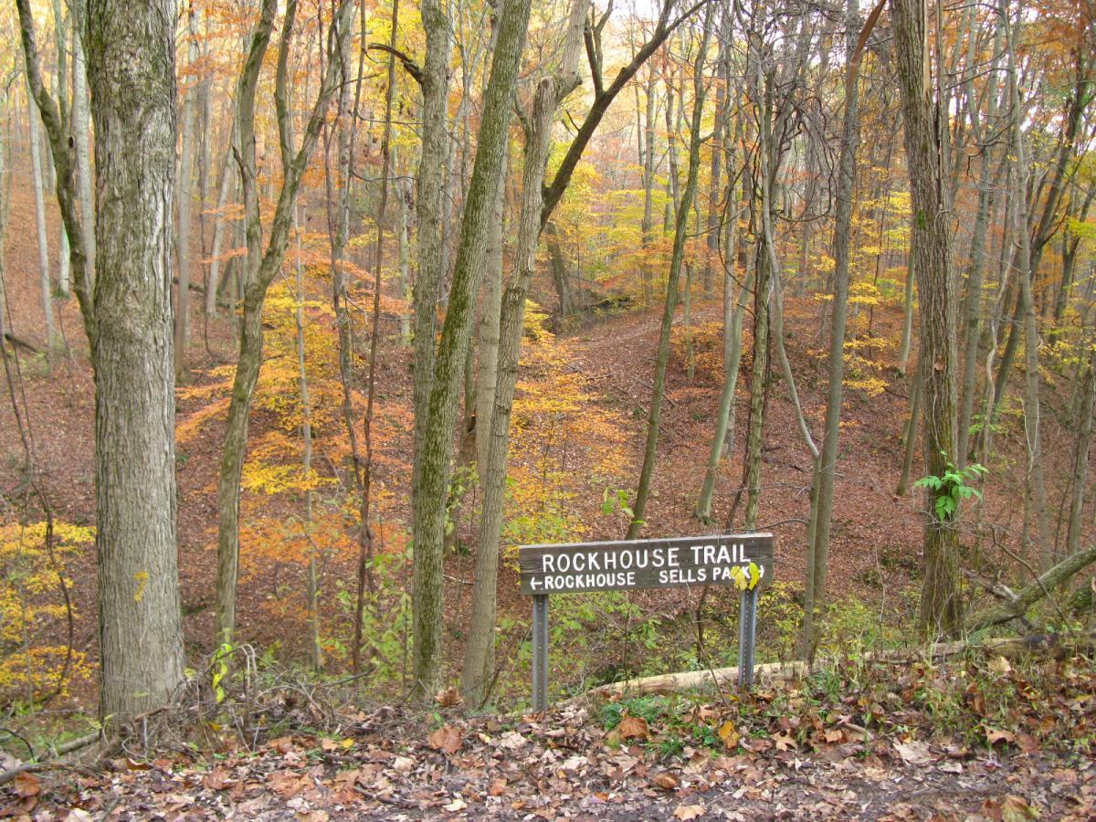A forested area in autumn, showcasing vibrant orange and yellow leaves among tall trees. In the foreground, a wooden sign reads "ROCKHOUSE TRAIL," indicating the trail's direction. The ground is covered with fallen leaves, contributing to the seasonal ambiance. Strouds Run State Park mountain bike trail.