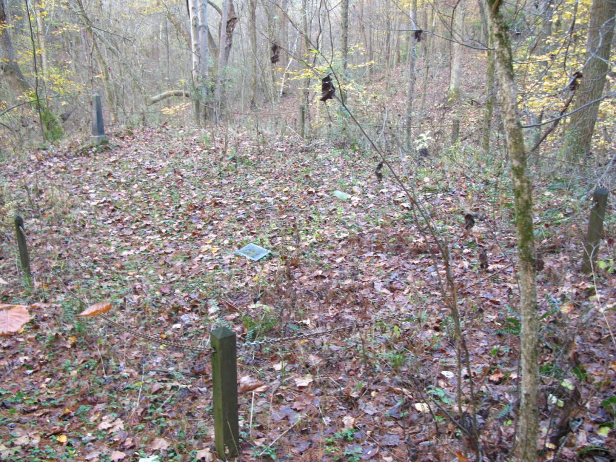 A wooded area covered with fallen leaves, featuring a patch of grass. In the foreground, wooden fence posts are visible, with a chain connecting them. In the background, a faint outline of a grave marker can be seen, surrounded by overgrown vegetation. The scene conveys a sense of solitude and the passage of time in a natural setting. Strouds Run State Park mountain bike trail.