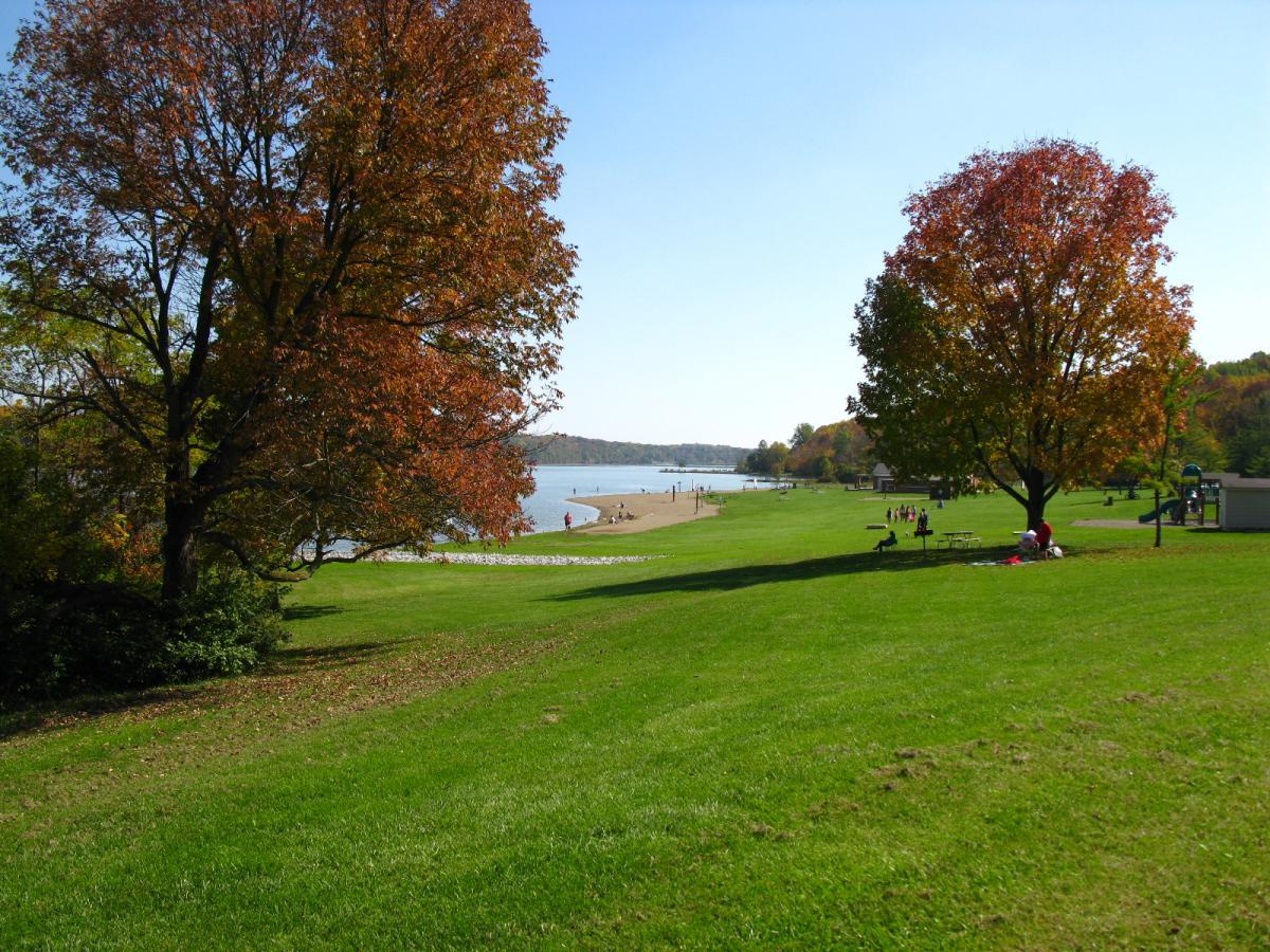 A scenic view of a lakeside park during autumn, featuring two colorful trees with orange foliage, a green grassy area, and a beach in the distance. People are enjoying outdoor activities along the shore and a nearby playground is visible. The sky is clear and blue, enhancing the tranquil atmosphere of the scene. Hueston Woods State Park mountain bike trail.
