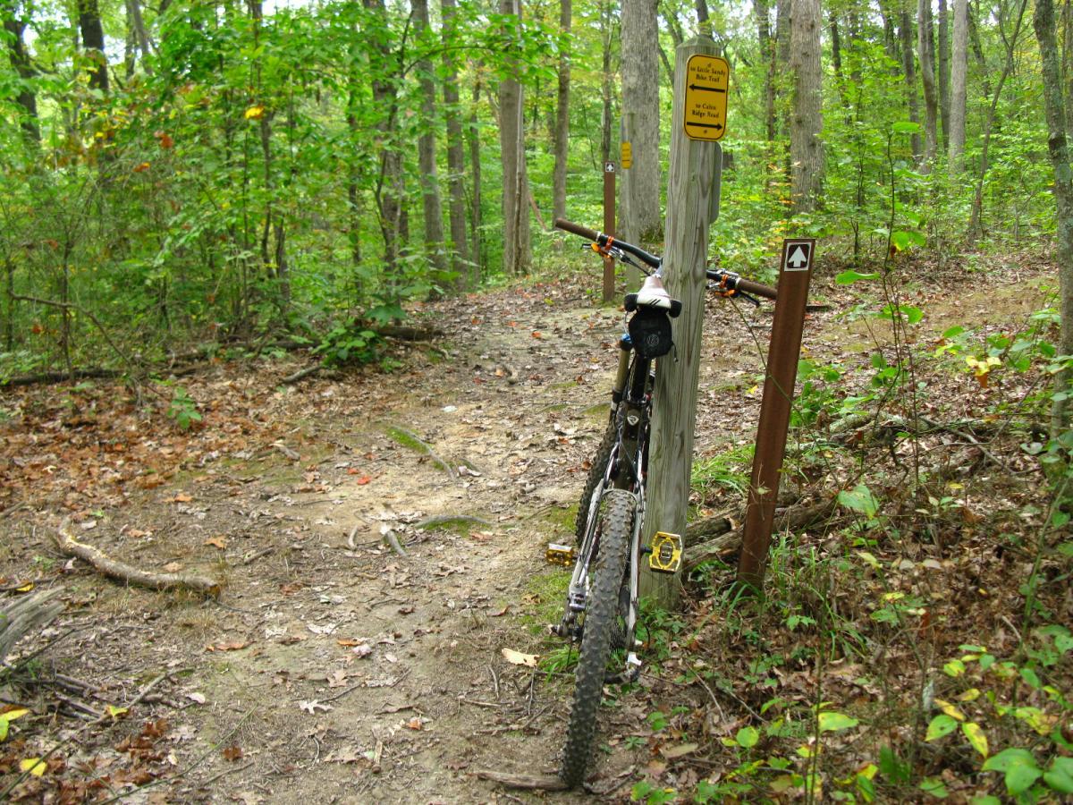 A mountain bike leaning against a wooden post along a dirt trail in a wooded area, surrounded by greenery and fallen leaves. Trail signs indicate a biking path. Lake Hope State Park mountain bike trail.