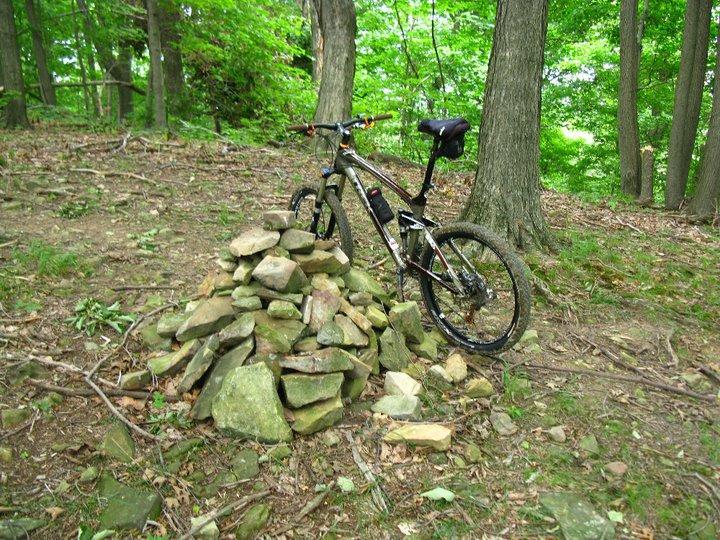 A mountain bike leaning against a pile of rocks in a wooded area with lush green trees and foliage in the background. The ground is covered with dirt and small plants, indicating a natural outdoor setting. Great Seal State Park mountain bike trail.