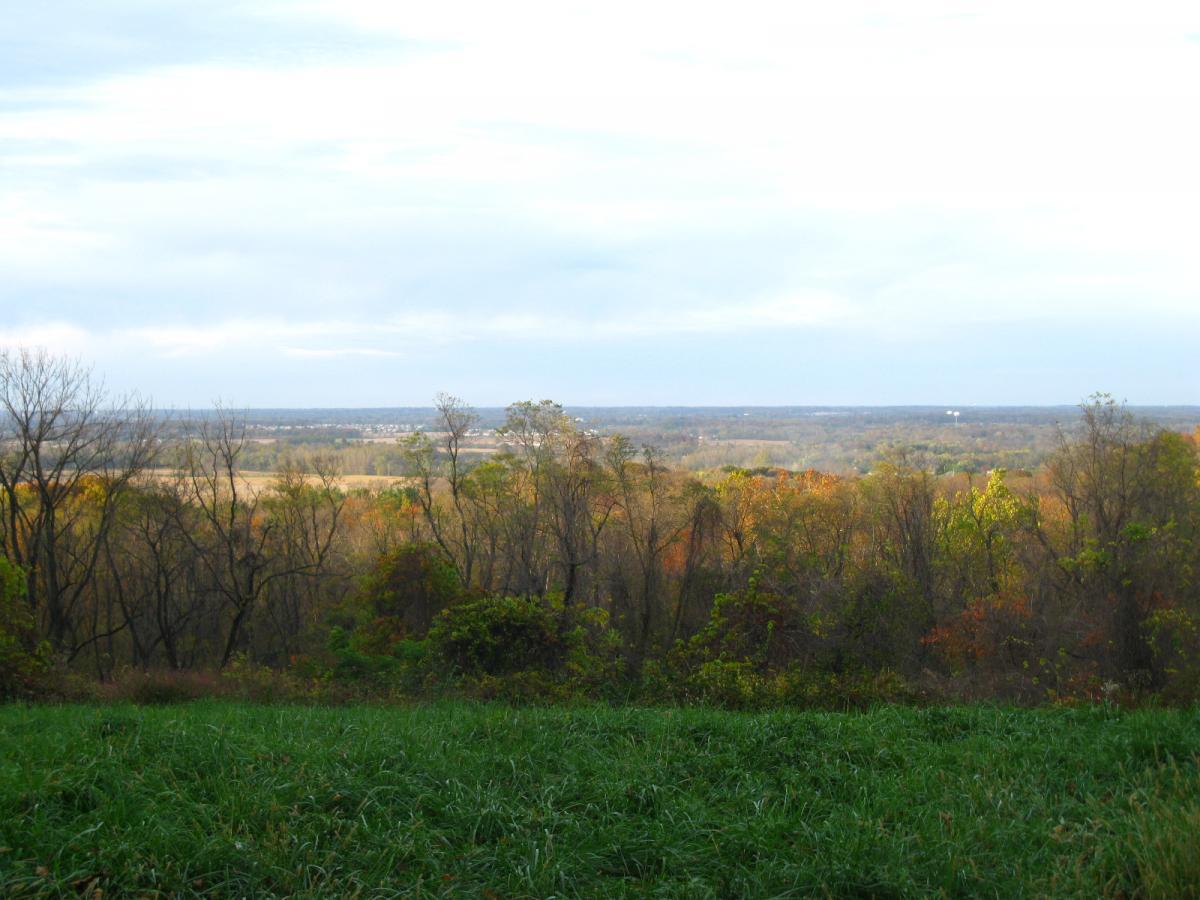 Scenic view of a landscape featuring rolling hills and a mix of trees displaying autumn colors, with a grassy foreground and cloudy sky. The horizon shows distant fields and structures under a calm atmosphere. Chestnut Ridge mountain bike trail.