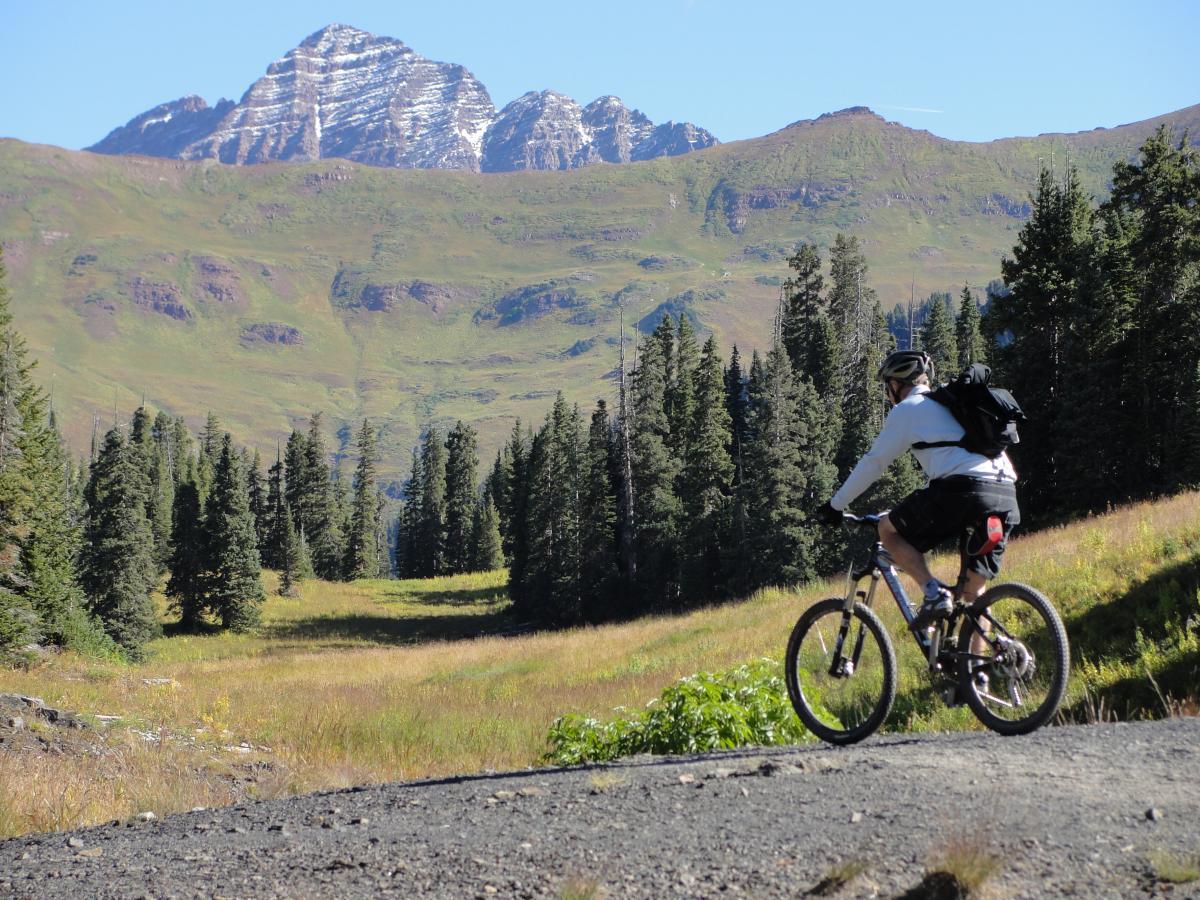 A mountain biker riding along a dirt trail with a backdrop of rugged mountains and lush green scenery. Pine trees line the path, and the sky is clear and blue, suggesting a beautiful day for outdoor activities. Trail 401 mountain bike trail.
