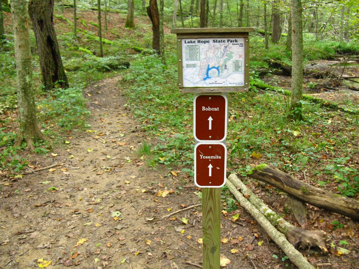 A trail sign at Lake Hope State Park, indicating directions to the Bobcat and Yosemite trails. The background features a dirt path surrounded by trees and fallen leaves, with a park map displayed on the sign. Lake Hope State Park mountain bike trail.